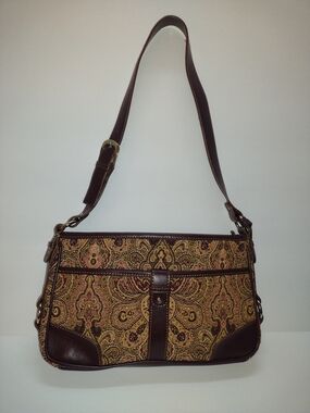 Etienne Aigner Paisley Tapestry Shoulder Bag Brown Faux Leather Trim Charm Clean
